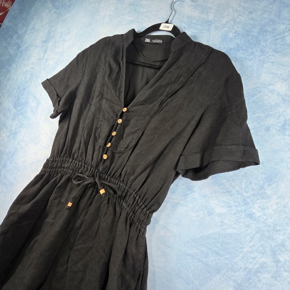 Zara Black Linen Blend Short Sleeve Button Front Drawstring Romper‎ Womens M